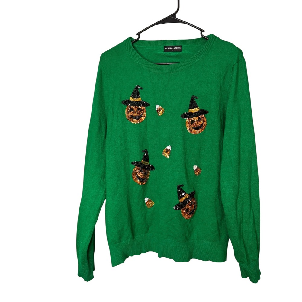 Victoria Harbour Halloween Sequin Pumpkin Candy Corn Green‎ Sweater